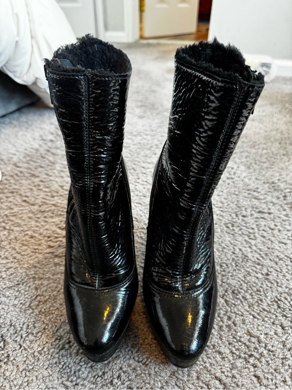 Jimmy Choo Black Patent Mid-Calf Heeled Boots with Faux Shearling Trim